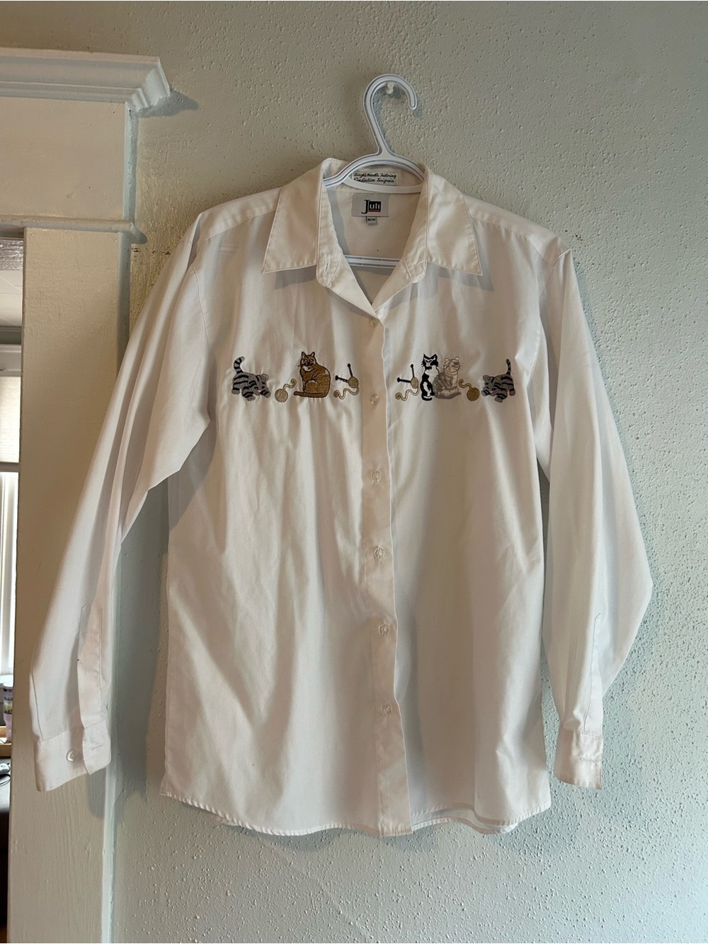 White Embroidered Cat Button-Up Shirt